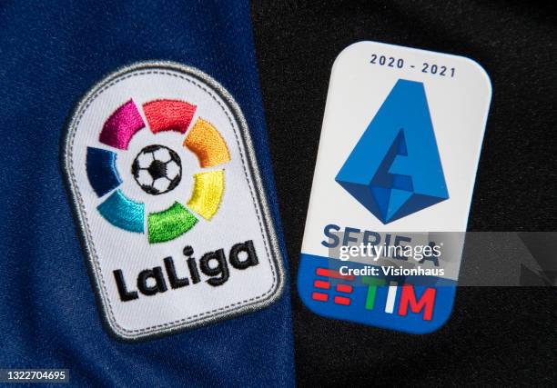 The La Liga and Serie A Logos on June 8, 2021 in Manchester, United Kingdom.