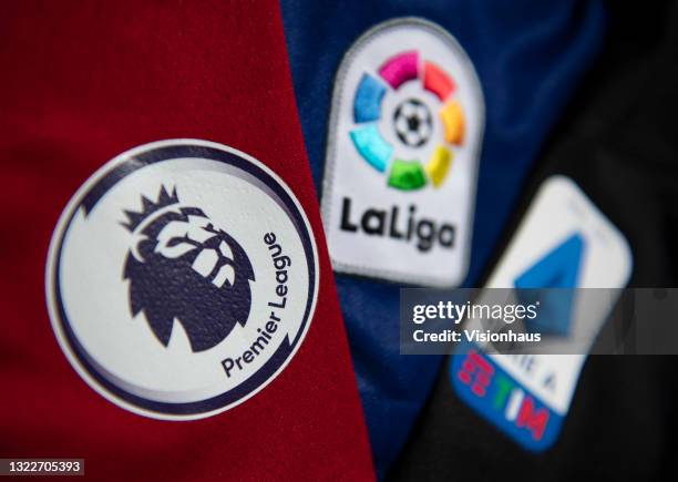 The Premier League, La Liga and Serie A Logos on June 8, 2021 in Manchester, United Kingdom.