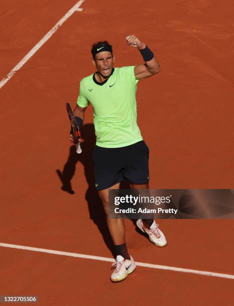 Rafael Nadal of Spain celebrates a point during his Mens Singles Quarter-Final match against Diego Schwartzman of Argentina during Day Eleven of the...