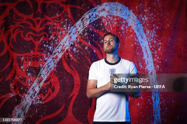 Harry Kane of England poses during the official UEFA Euro 2020 media access day at St George's Park Futsal Arena on June 08, 2021 in Burton upon...