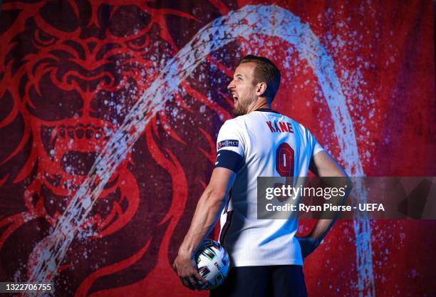 Harry Kane of England poses during the official UEFA Euro 2020 media access day at St George's Park Futsal Arena on June 08, 2021 in Burton upon...