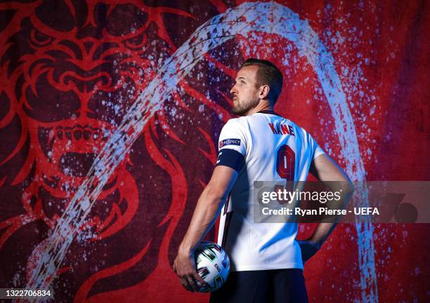 Harry Kane of England poses during the official UEFA Euro 2020 media access day at St George's Park Futsal Arena on June 08, 2021 in Burton upon...