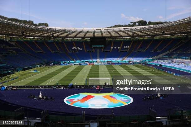 General view inside of the Stadio Olimpico during the set up ahead of the UEFA Euro 2020 Championship at Stadio Olimpico on June 09, 2021 in Rome,...