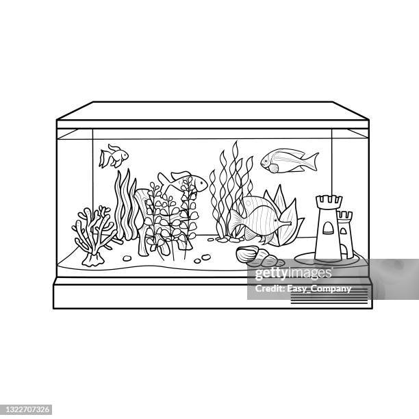 stockillustraties, clipart, cartoons en iconen met black and white fish tank or aquarium cartoon images for kids this is a vector illustration for preschool and home training for parents and teachers. - fishbowl