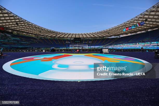 General view inside of the Stadio Olimpico during the set up ahead of the UEFA Euro 2020 Championship at Stadio Olimpico on June 09, 2021 in Rome,...