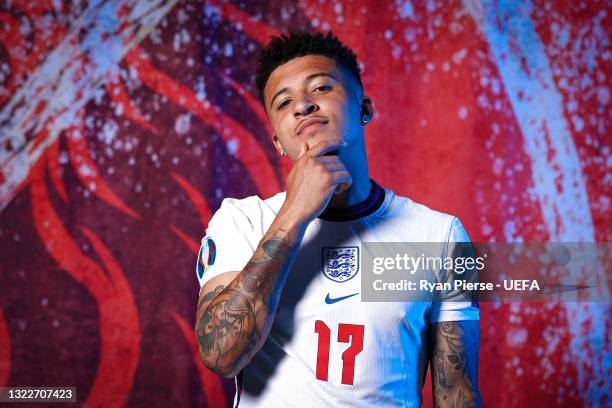 Jadon Sancho of England poses during the official UEFA Euro 2020 media access day at St George's Park Futsal Arena on June 08, 2021 in Burton upon...