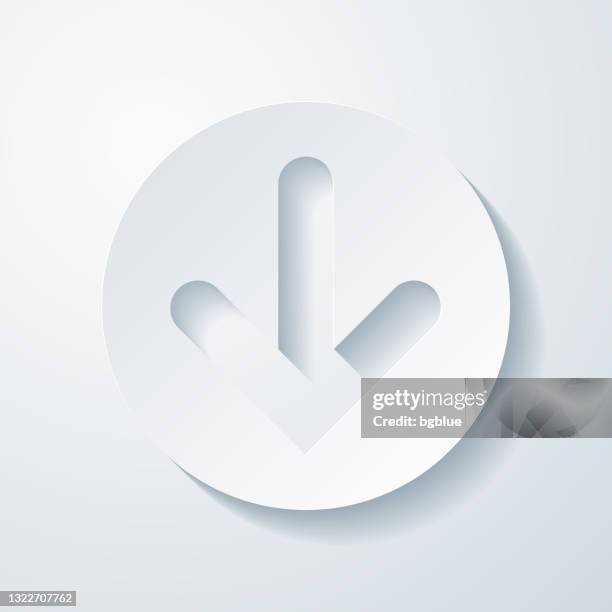 down arrow button. icon with paper cut effect on blank background - pointing down white background stock illustrations
