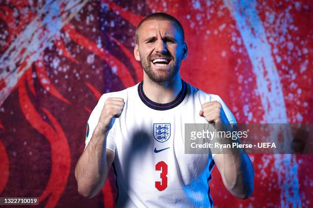 Luke Shaw of England poses during the official UEFA Euro 2020 media access day at St George's Park Futsal Arena on June 08, 2021 in Burton upon...