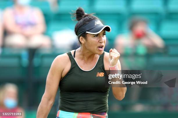 Heather Watson of Great Britain celebrates after winning a point against Tara Morre of Great Britain during Day 5 of the Viking Nottingham Open at...