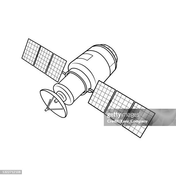 schwarz-weiß-satellitenbild zum ausmalen von cartoons für kinder. dies ist eine vektorillustration für das vorschul- und heimtraining für eltern und lehrer. - sonnenenergiegerät stock-grafiken, -clipart, -cartoons und -symbole