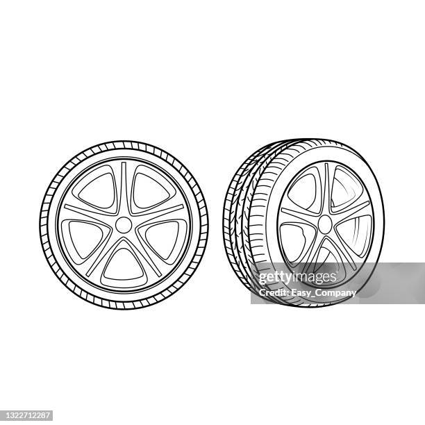 illustrazioni stock, clip art, cartoni animati e icone di tendenza di ruote per pneumatici cartoon in bianco e nero per bambini questa è un'illustrazione vettoriale per l'allenamento prescolare e domestico per genitori e insegnanti. - wheel