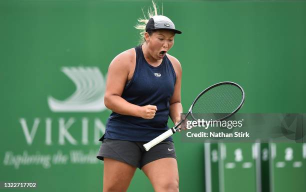 Tara Moore of Great Britain celebrates after winning a point against Heather Watson of Great Britain in the Women’s singles on day five of the Viking...