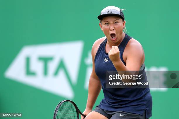 Tara Moore of Great Britain celebrates after winning a point against Heather Watson of Great Britain during Day 5 of the Viking Nottingham Open at...