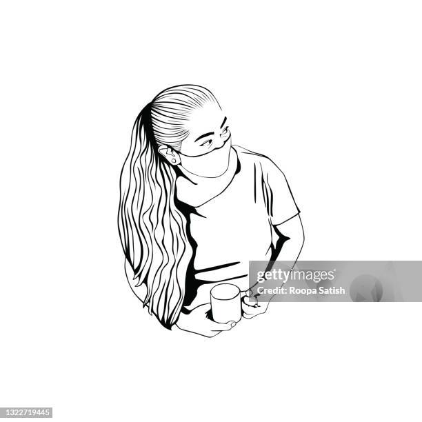 woman wearing the protective face mask and drinking coffee. - pandémie stock illustrations