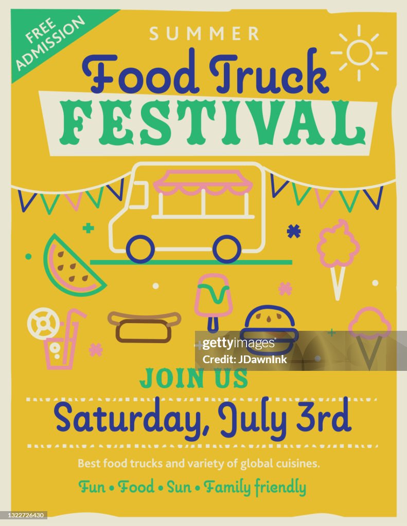 Summer Food Truck Festival Poster design template with line icons and bright colors
