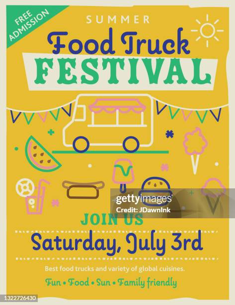 summer food truck festival poster design template with line icons and bright colors - food truck festival stock illustrations