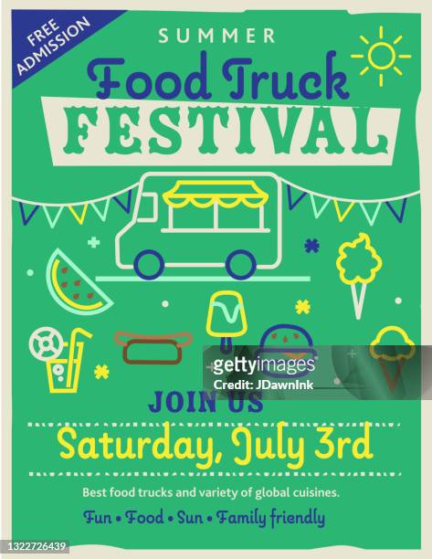 summer food truck festival poster design template with line icons and bright colors - street food stock illustrations