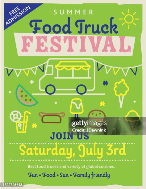 summer food truck festival poster design template with line icons and bright colors - food truck festival stock illustrations