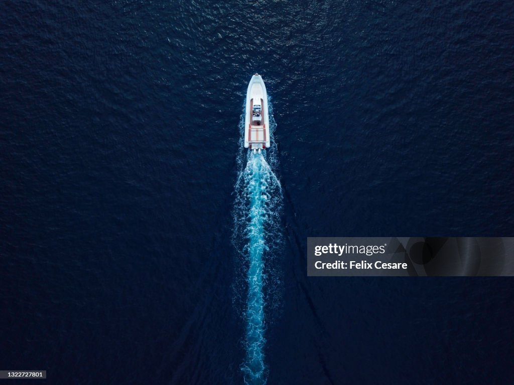 Aerial view of a speedboat.