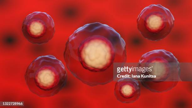 blood cells, cancer cells on red background. poisoning, infection concept. medicine and healthcare. 3d. - plasma stockfoto's en -beelden