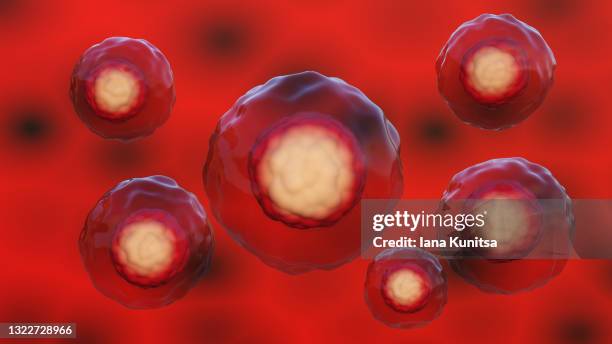 blood cells, cancer cells on red background. poisoning, infection concept. medicine and healthcare. 3d. - epidemiology research stock pictures, royalty-free photos & images