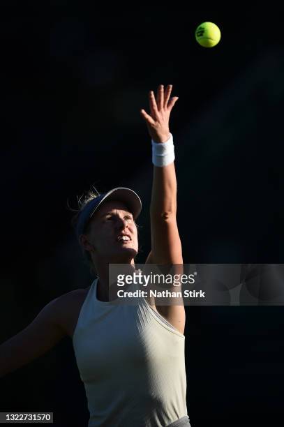Alison Riske of United States serves to Xiyu Wang of China during the Women’s singles on day five of the Viking Open at Nottingham Tennis Centre on...