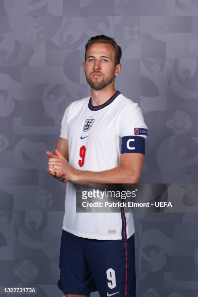 Harry Kane of England poses during the official UEFA Euro 2020 media access day at St George's Park Futsal Arena on June 08, 2021 in Burton upon...