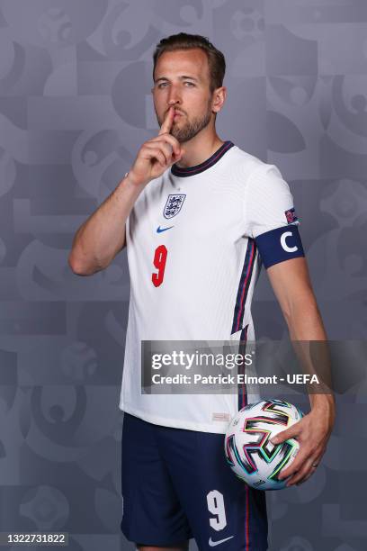 Harry Kane of England poses during the official UEFA Euro 2020 media access day at St George's Park Futsal Arena on June 08, 2021 in Burton upon...