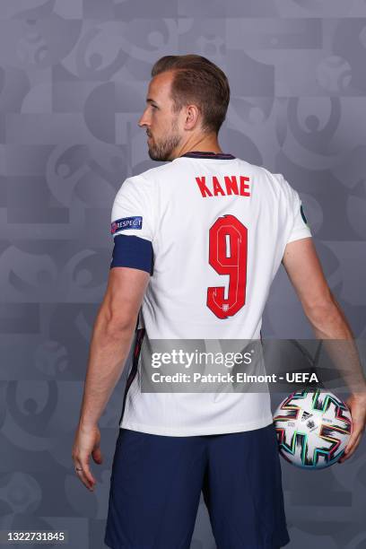 Harry Kane of England poses during the official UEFA Euro 2020 media access day at St George's Park Futsal Arena on June 08, 2021 in Burton upon...