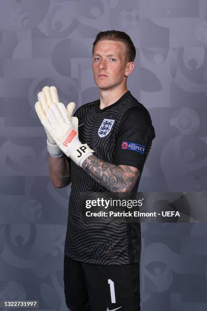 Jordan Pickford of England poses during the official UEFA Euro 2020 media access day at St George's Park Futsal Arena on June 08, 2021 in Burton upon...