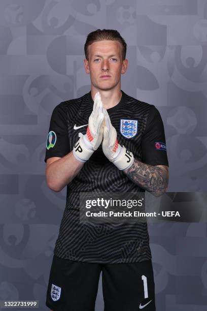 Jordan Pickford of England poses during the official UEFA Euro 2020 media access day at St George's Park Futsal Arena on June 08, 2021 in Burton upon...
