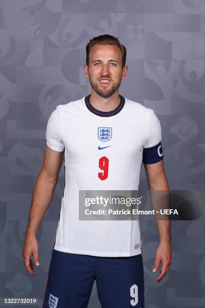 Harry Kane of England poses during the official UEFA Euro 2020 media access day at St George's Park Futsal Arena on June 08, 2021 in Burton upon...