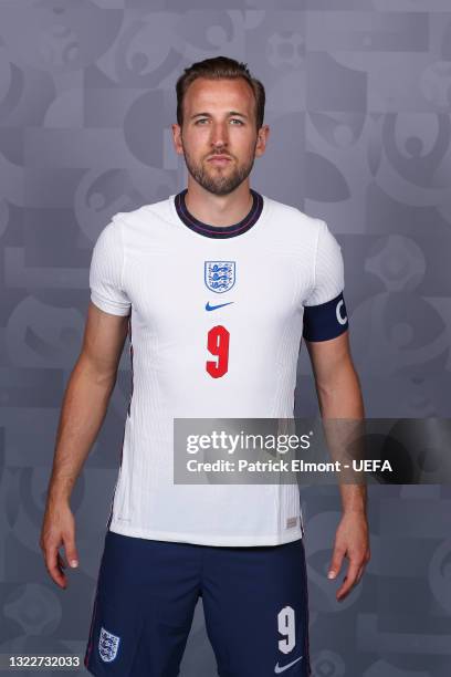 Harry Kane of England poses during the official UEFA Euro 2020 media access day at St George's Park Futsal Arena on June 08, 2021 in Burton upon...