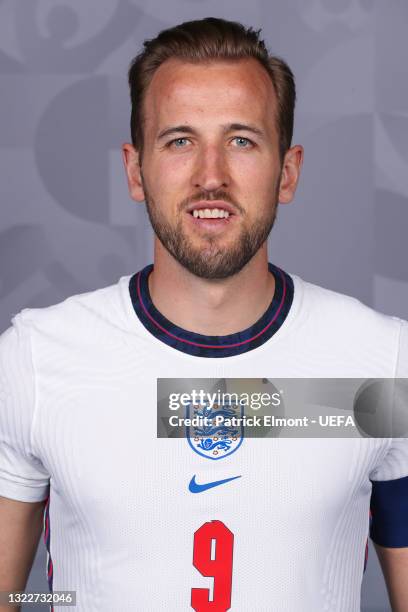 Harry Kane of England poses during the official UEFA Euro 2020 media access day at St George's Park Futsal Arena on June 08, 2021 in Burton upon...