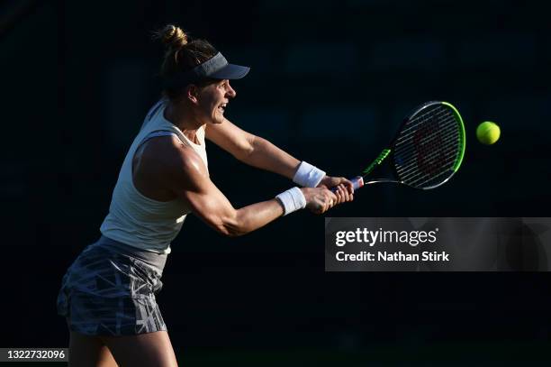Alison Riske of United States plays a backhand shot to Xiyu Wang of China during the Women’s singles on day five of the Viking Open at Nottingham...