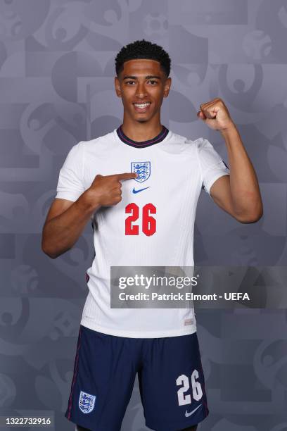 Jude Bellingham of England poses during the official UEFA Euro 2020 media access day at St George's Park Futsal Arena on June 08, 2021 in Burton upon...