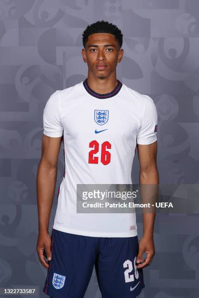 Jude Bellingham of England poses during the official UEFA Euro 2020 media access day at St George's Park Futsal Arena on June 08, 2021 in Burton upon...