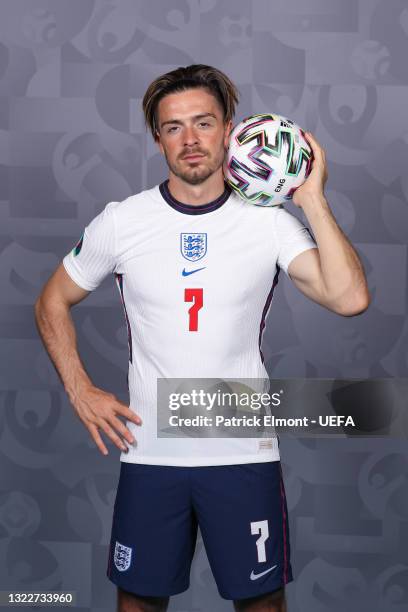 Jack Grealish of England poses during the official UEFA Euro 2020 media access day at St George's Park Futsal Arena on June 08, 2021 in Burton upon...