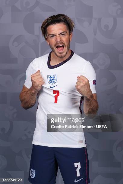 Jack Grealish of England poses during the official UEFA Euro 2020 media access day at St George's Park Futsal Arena on June 08, 2021 in Burton upon...