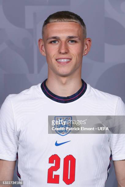 Phil Foden of England poses during the official UEFA Euro 2020 media access day at St George's Park Futsal Arena on June 08, 2021 in Burton upon...