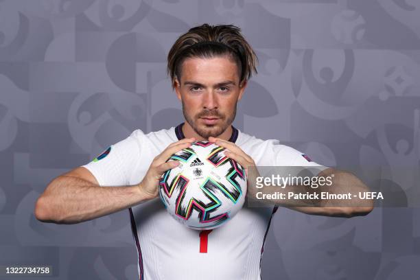 Jack Grealish of England poses during the official UEFA Euro 2020 media access day at St George's Park Futsal Arena on June 08, 2021 in Burton upon...