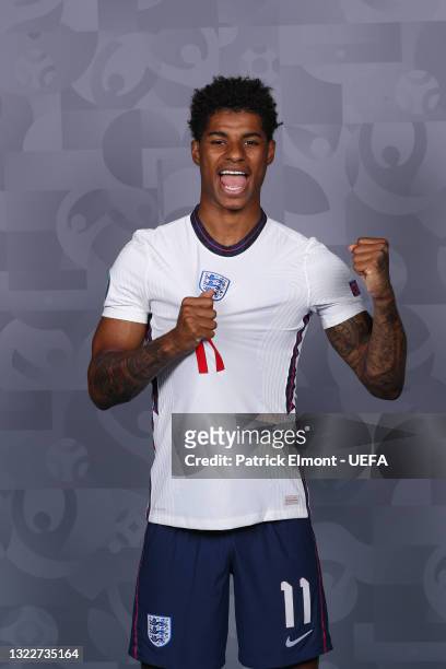 Marcus Rashford of England poses during the official UEFA Euro 2020 media access day at St George's Park Futsal Arena on June 08, 2021 in Burton upon...