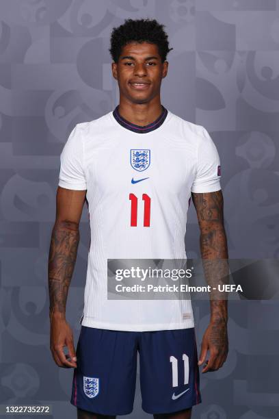 Marcus Rashford of England poses during the official UEFA Euro 2020 media access day at St George's Park Futsal Arena on June 08, 2021 in Burton upon...