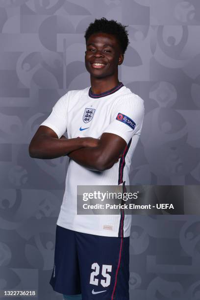 Bukayo Saka of England poses during the official UEFA Euro 2020 media access day at St George's Park Futsal Arena on June 08, 2021 in Burton upon...