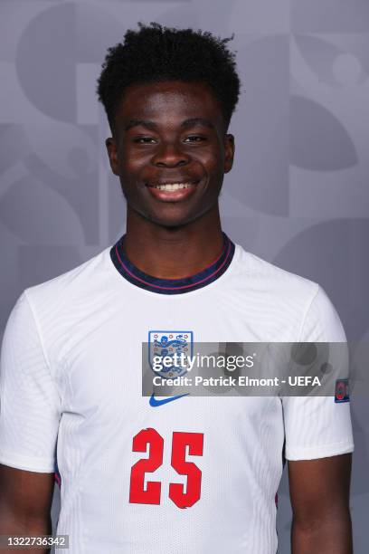 Bukayo Saka of England poses during the official UEFA Euro 2020 media access day at St George's Park Futsal Arena on June 08, 2021 in Burton upon...