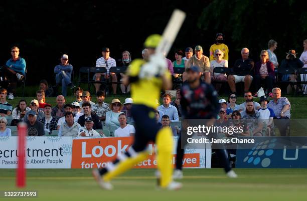 Fans look on as D'Arcy Short of Hampshire Hawks bats during the Vitality T20 Blast match between Kent Spitfires and Hampshire Hawks at The Spitfire...