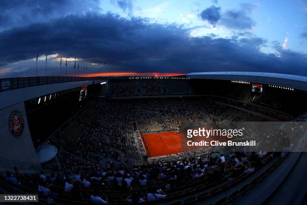General view of play during the Mens Singles Quarter-Final match between Novak Djokovic of Serbia and Matteo Berrettini of Italy during Day Eleven of...