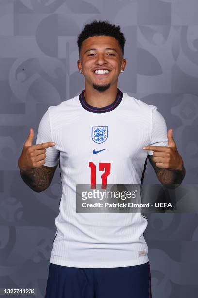 Jadon Sancho of England poses during the official UEFA Euro 2020 media access day at St George's Park Futsal Arena on June 08, 2021 in Burton upon...