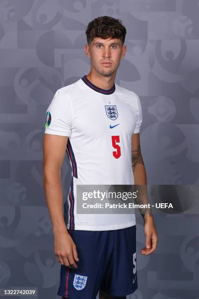 John Stones of England poses during the official UEFA Euro 2020 media access day at St George's Park Futsal Arena on June 08, 2021 in Burton upon...