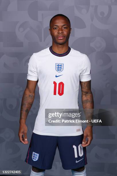 Raheem Sterling of England poses during the official UEFA Euro 2020 media access day at St George's Park Futsal Arena on June 08, 2021 in Burton upon...